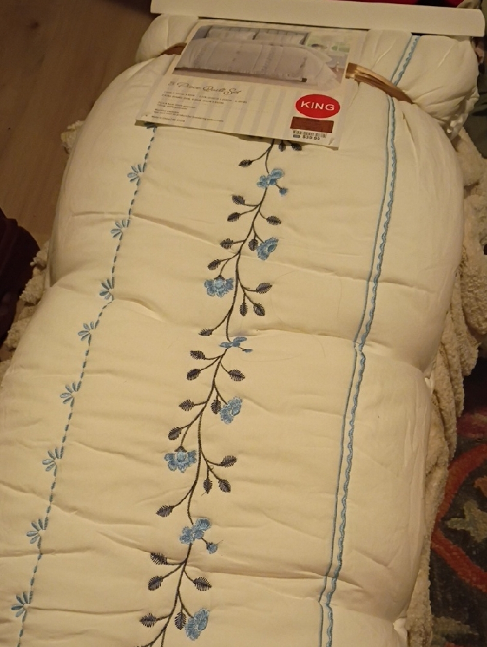 King Size Embroidered Floral Comforter in Cream and Blue